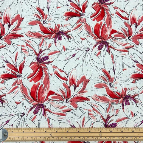 Sketched Flowers on White Cotton Linen Fabric - Pound Fabrics