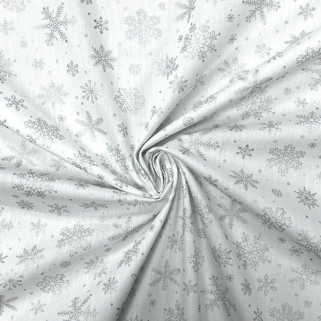 Silver Snowflakes on White Cotton Fabric (6585057804311)