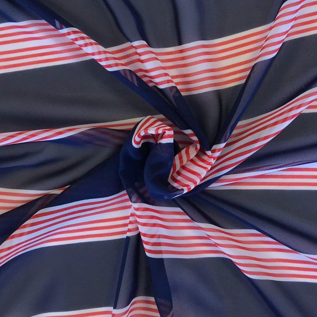 Navy and Red Stripe Chiffon Fabric - Pound Fabrics