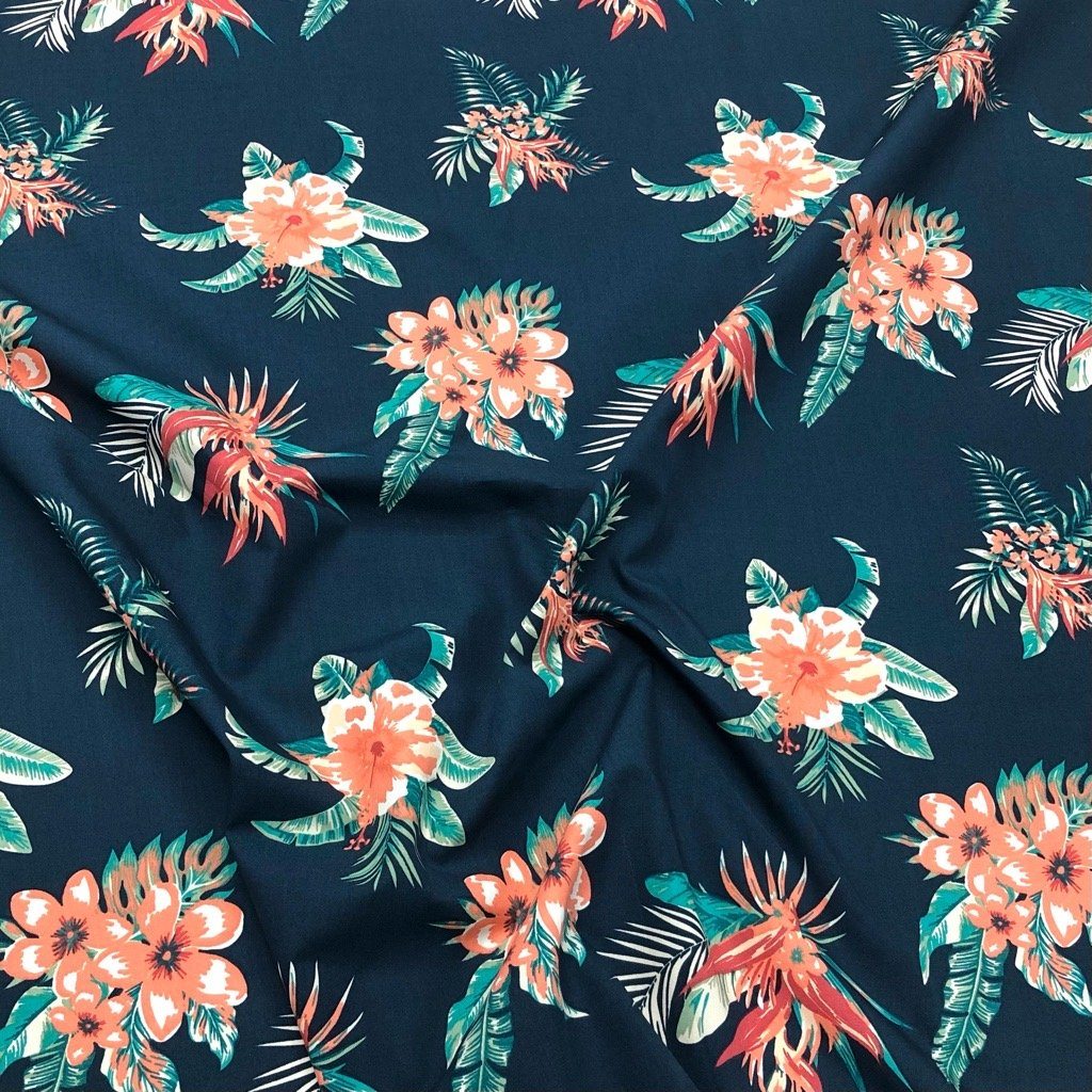 Peach Floral Bunches on Navy Cotton Poplin Fabric - 58