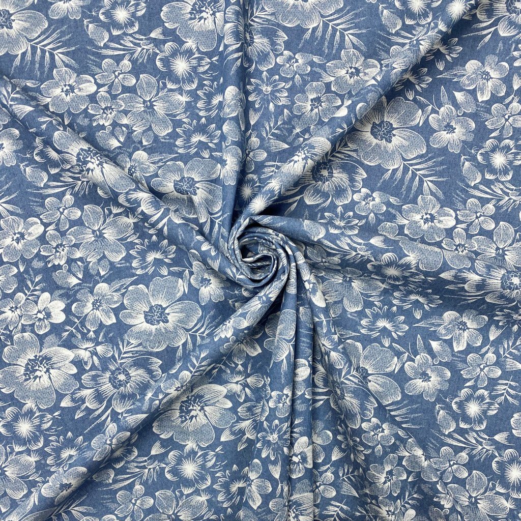 All Over Floral Chambray Denim Fabric - Pound Fabrics