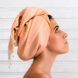 Organic cotton hair towel in the colour apricot from Arc Lore is perfect for the bath and post swim