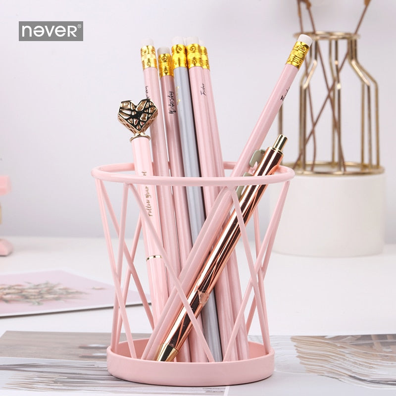 Never Macaron Pink Metal Pen Holder Pencil Cup Office Supplies