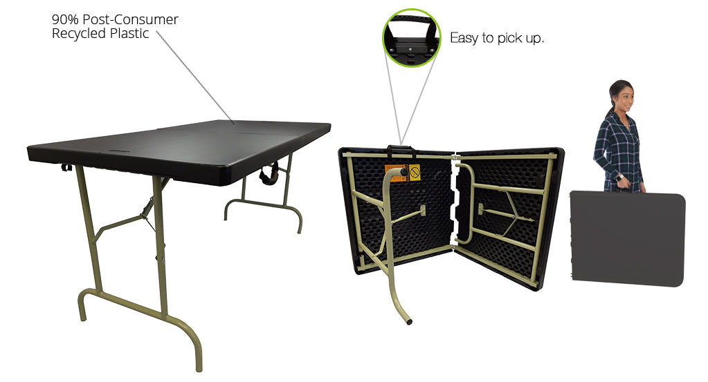 Iceberg ECO Bi-Fold Folding Table, 30" x 60", Black - 90% post-consumer material and easy to pick up