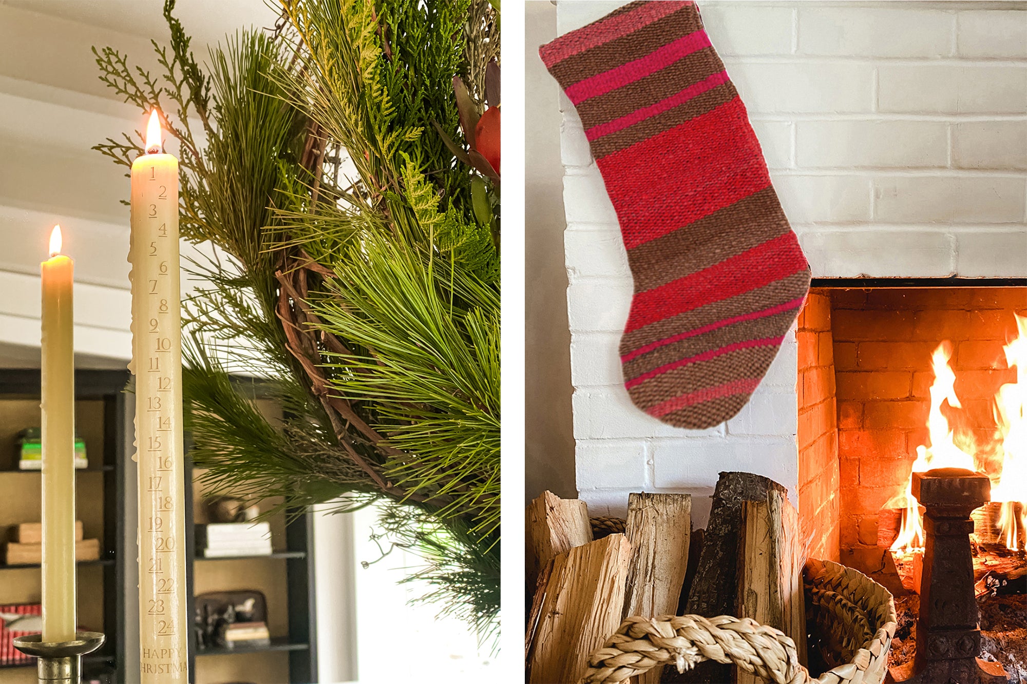 advent candle, organic wreath, stockings