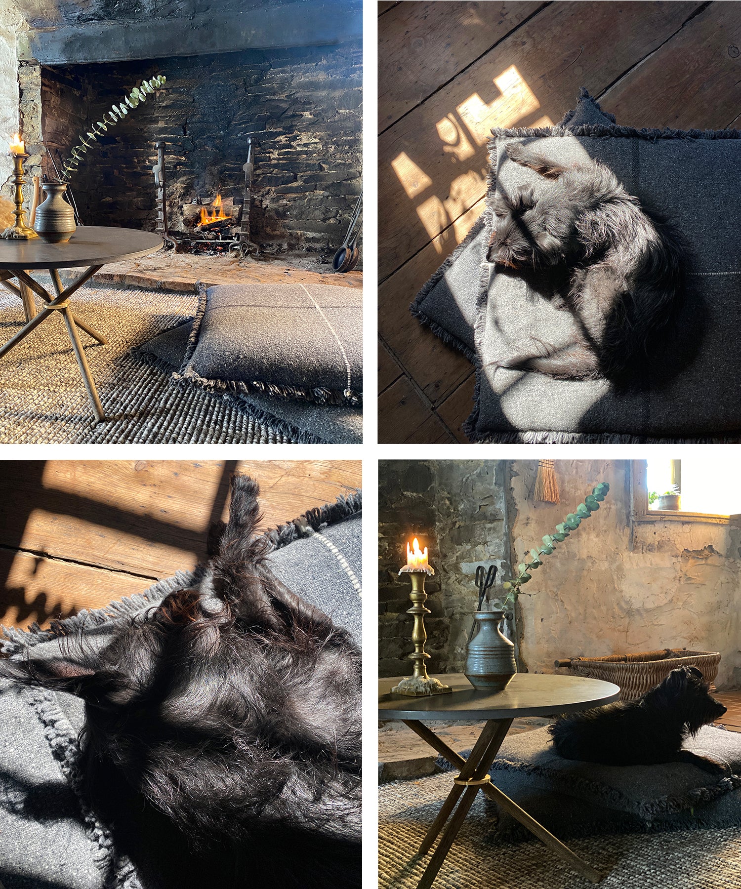 Charcoal floor pillows by the fire.
