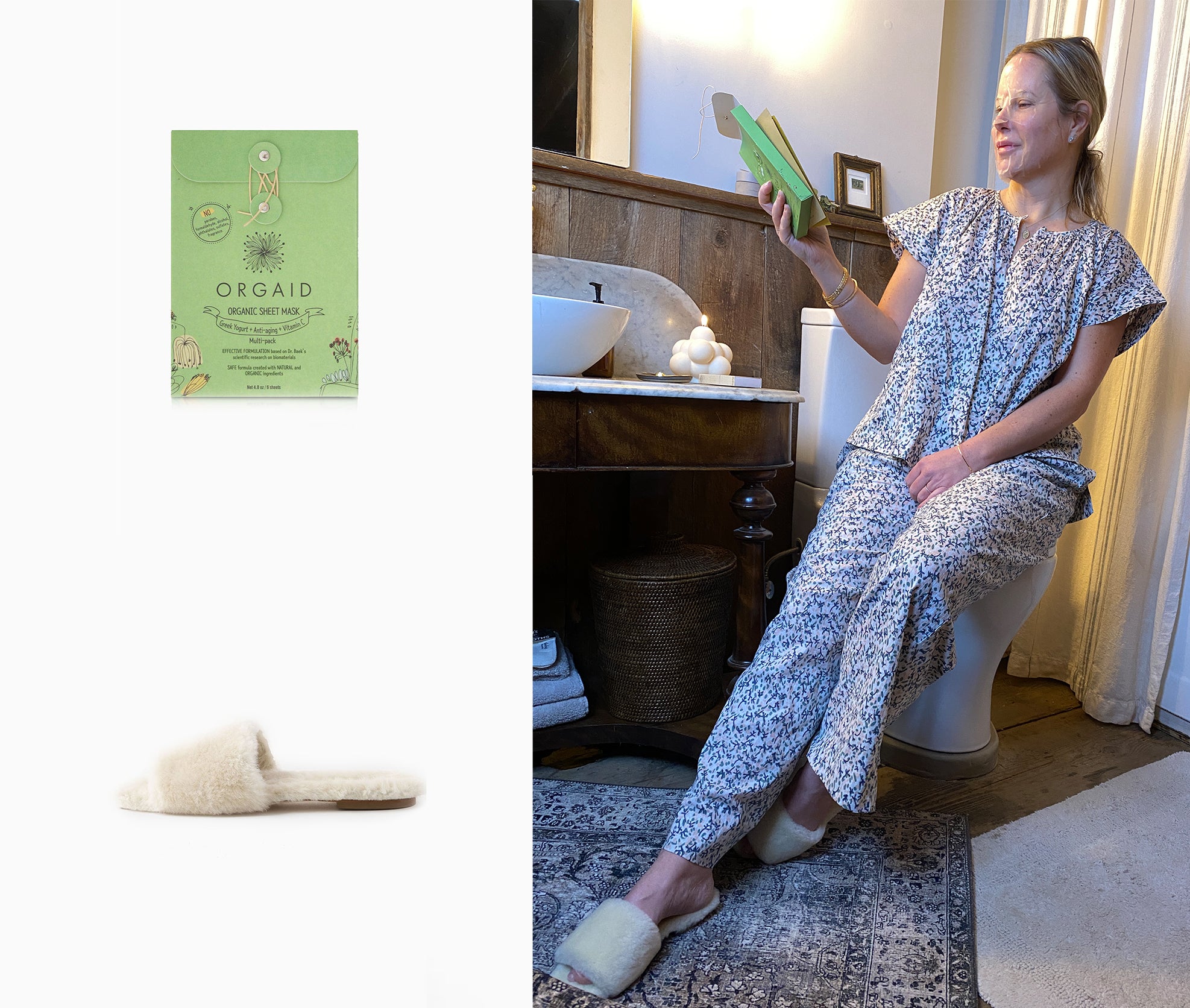 organic orgaid face mask and shearling slippers