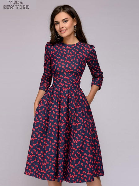 Navy Blue Floral Midi Dress 4494