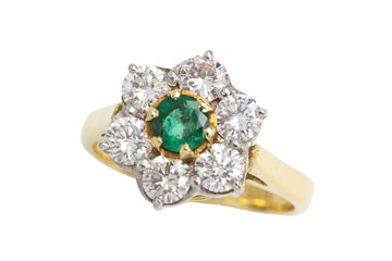 Emerald and diamond cluster ring in 18 carat gold-engagement rings-The Antique Ring Shop