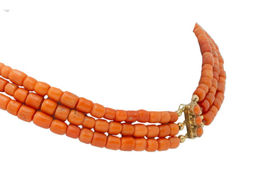 Three strand coral collier with 14 carat gold clasp-Necklaces-The Antique Ring Shop