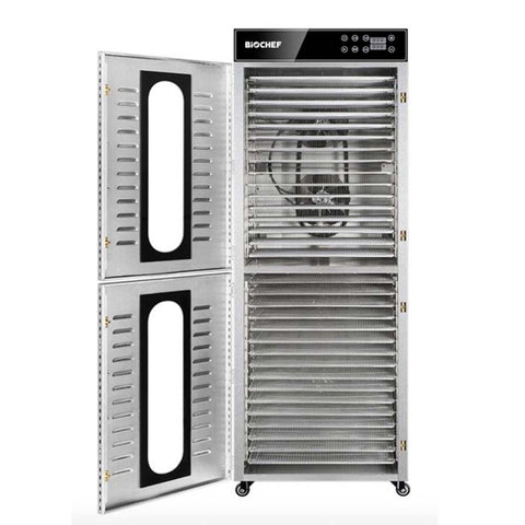 BioChef Commercial Vertical 32 Tray Digital Food Dehydrator empty with shelves