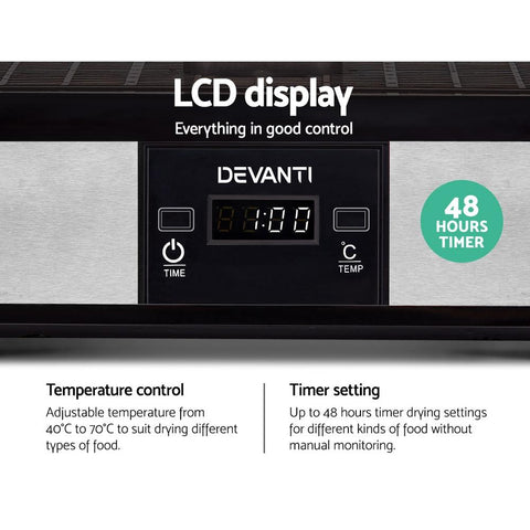 Devanti Food Dehydrator with 5 Trays - Silver timer control