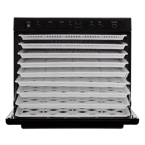 Sedona Classic Rawfood Dehydrator with 9 BPA-Free Plastic Trays open with plastic trays