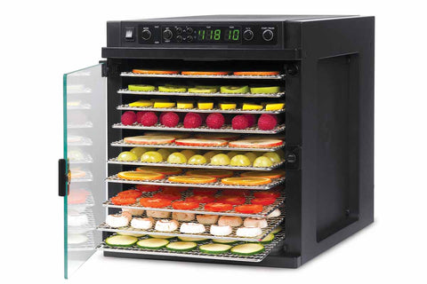 Sedona Express Dehydrator 11 Stainless Steel Trays TBSE11TSS right front open fruit