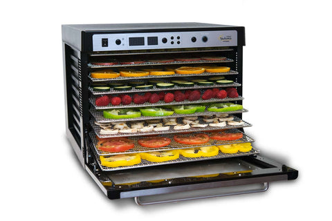 Sedona Supreme Commercial Dehydrator with 9 Stainless Steel Trays TBSSCD open with fruit