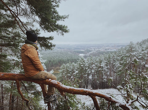 Man overlooking a snowy forest scene