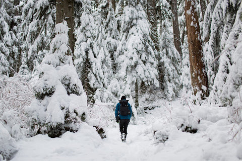 A woman hiking through snow-covered trees