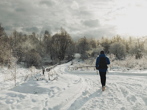 Person walking on a snowy forest road