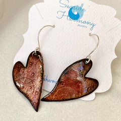 stamped copper enamel heart earrings