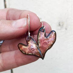 stamped copper enamel heart earrings