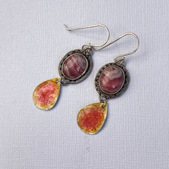 rhodonite sterling earrings with fine silver drops seaside harmony jewelry