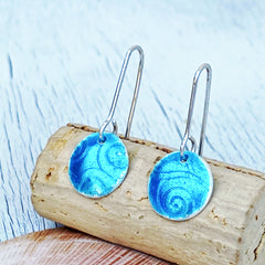 aqua swirl texture silver round earrings handmade