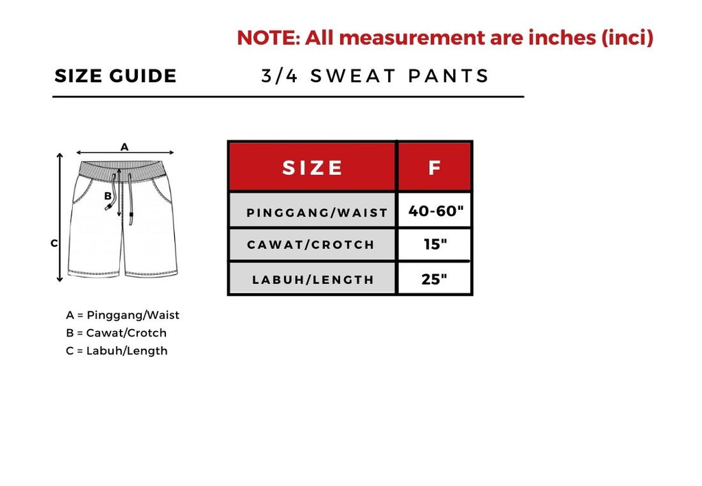 Three-Quarter Sweatpants Size Chart