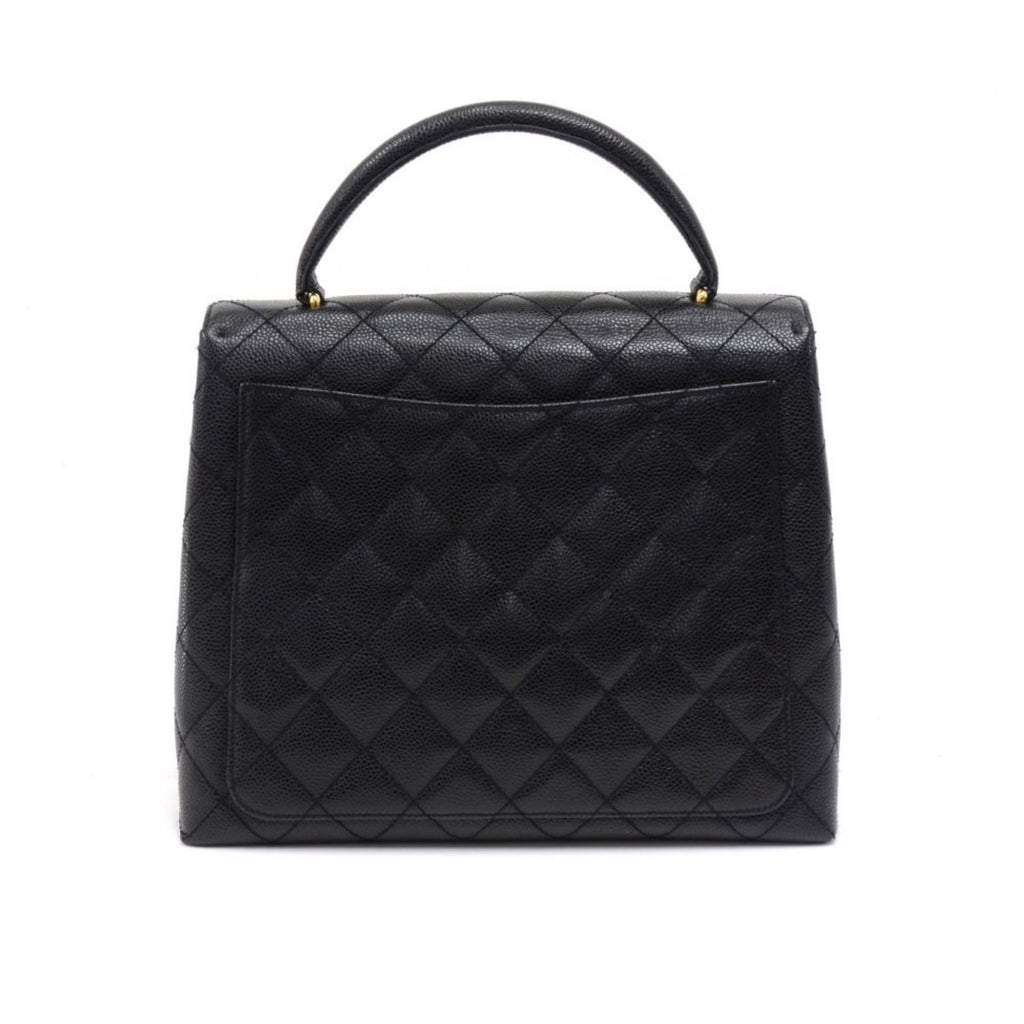 Chanel 12" Kelly Style Black Quilted Caviar Leather Handbag