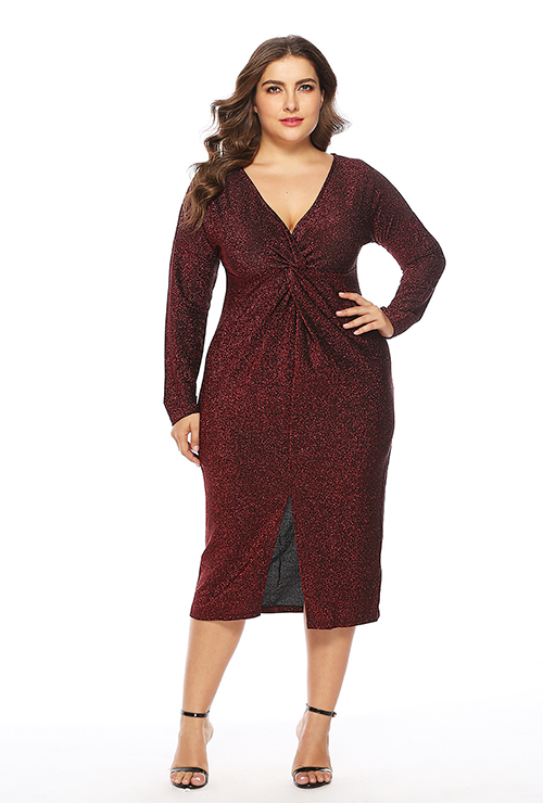 Plus Size Twist Front Knitted Shimmer Long Sleeves Bodycon Dresses ...