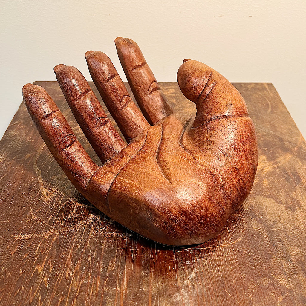 Large Folk Art Wood Hand with Open Palm - Vintage Intricate Sculptures - Old Minnesota Estate - Rare Unusual Artwork - Outsider Art