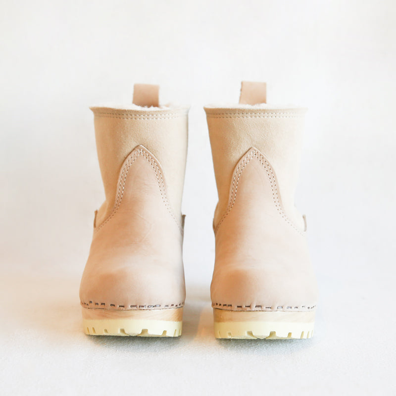 Pull on Shearling Clog Boot on Mid Tread - Bone Suede