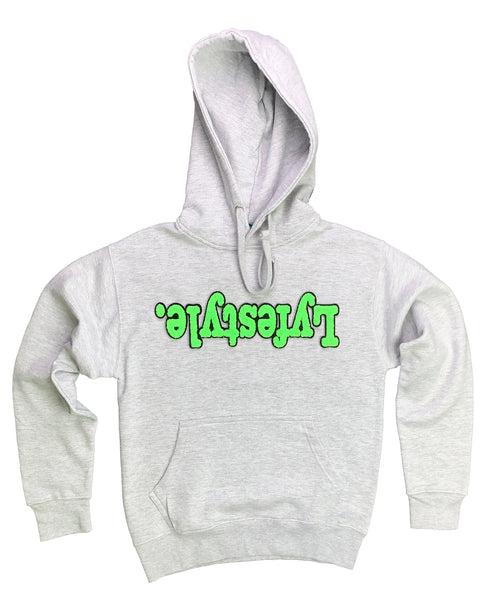 grey and lime green hoodie