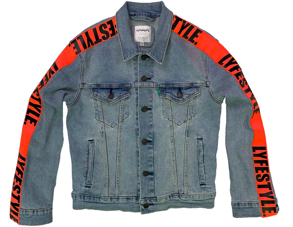 orange blue jean jacket