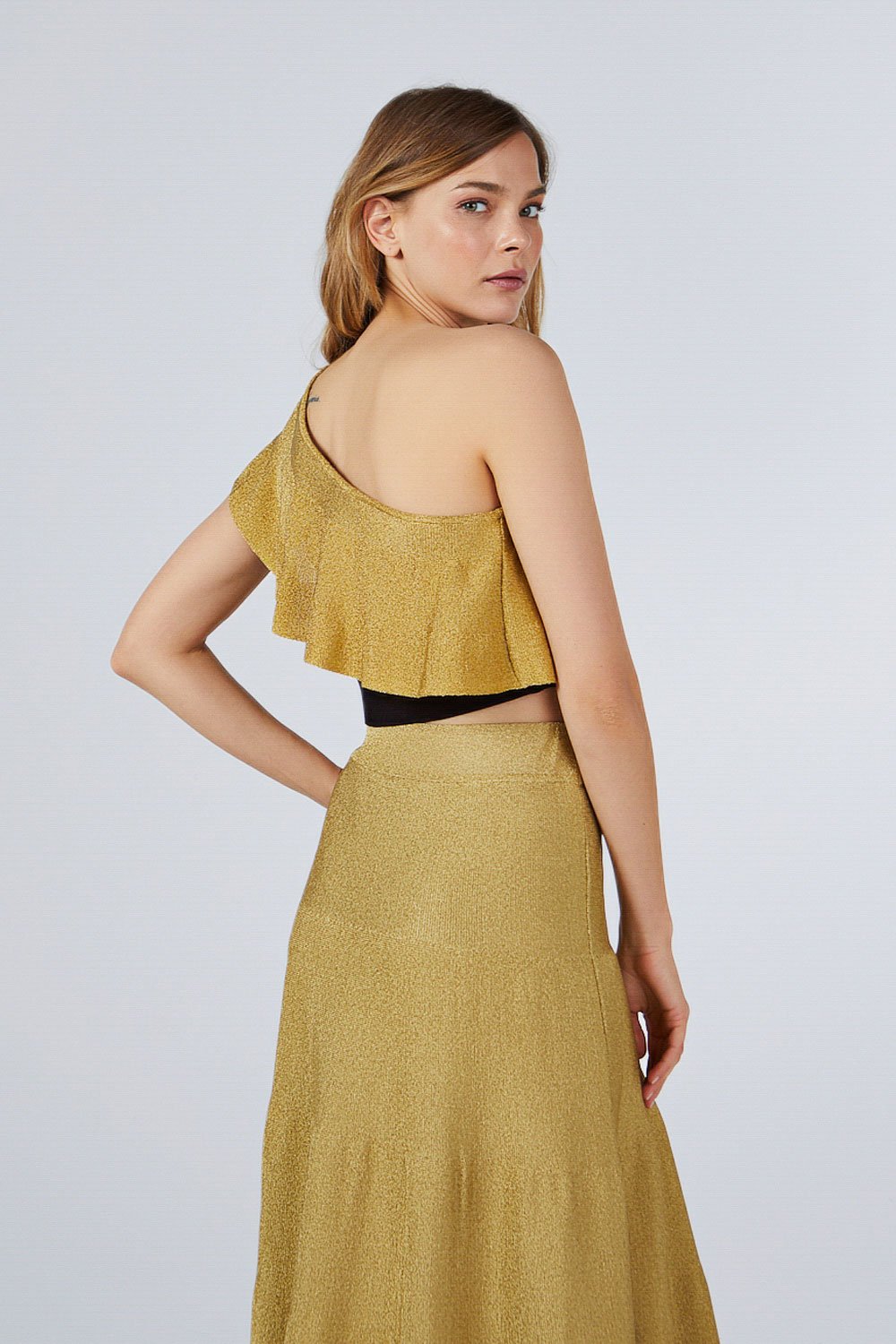 gold skirt one shoulder top