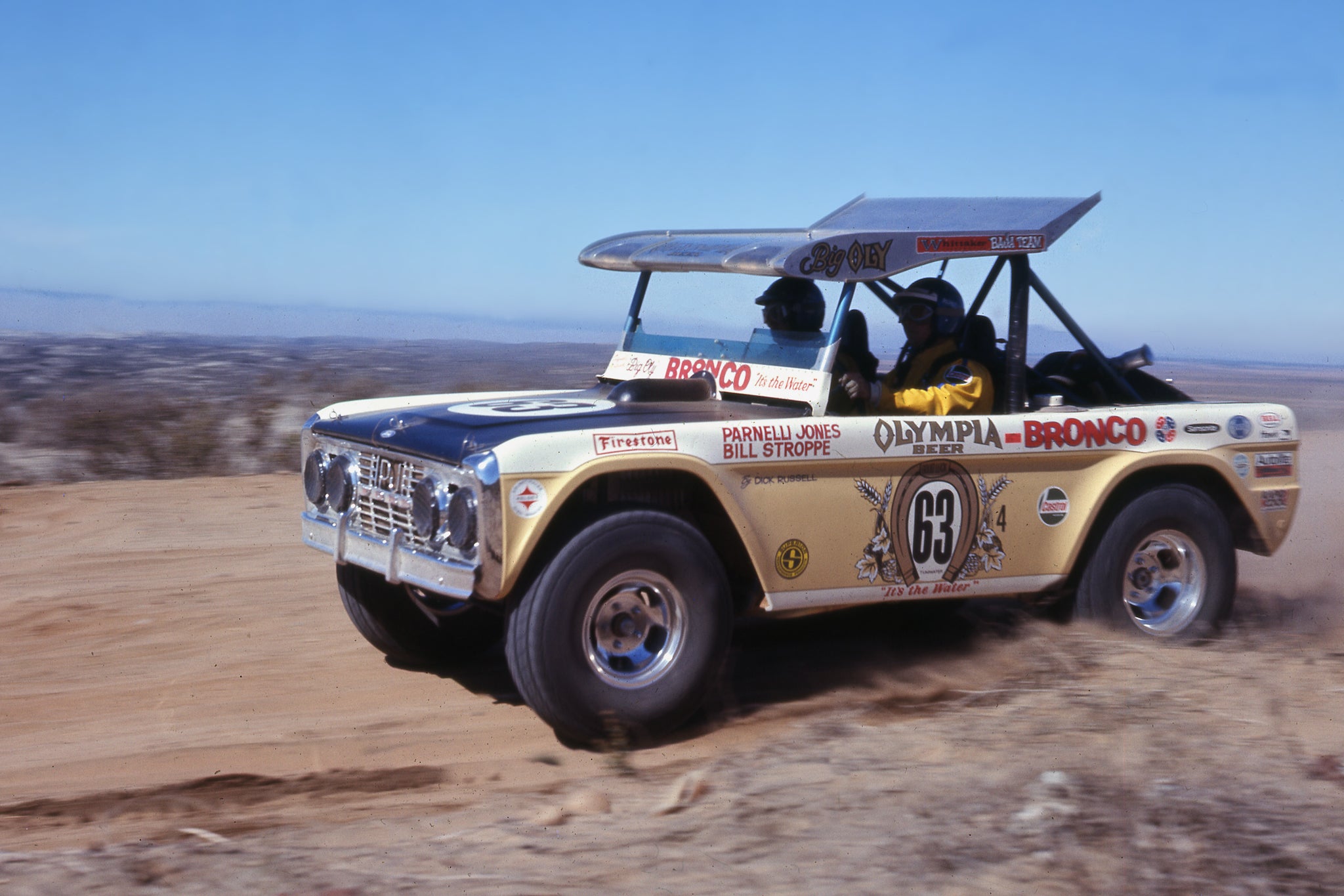 Parnelli Jones in the Big Oly Ford Bronco action shot in Baja California