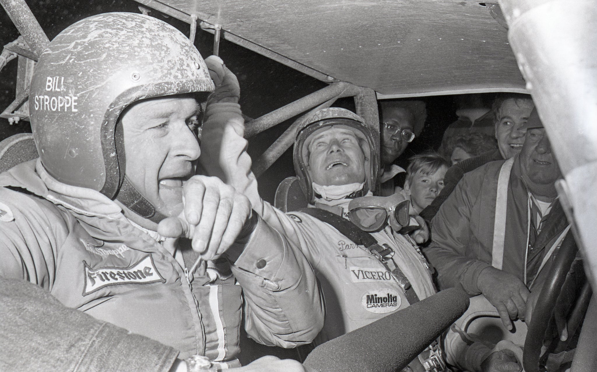 Bill Stroppe and Parnelli Jones at the 1973 Mint 400 finish line in the Big Oly Bronco