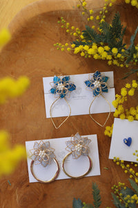 Blue Three Layer Flower with Wave Hoop Earrings