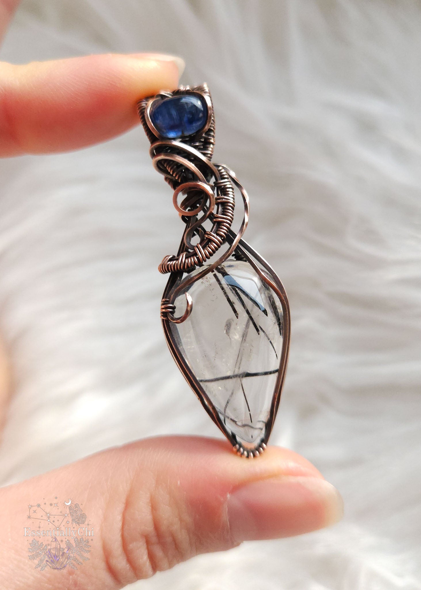 Tourmalinated-Quartz-Blue-Kyanite-Copper-Wire-Wrapped-Necklace
