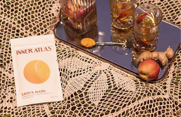 Lion's Mane medicinal mushroom powder with ginger and peach iced tea