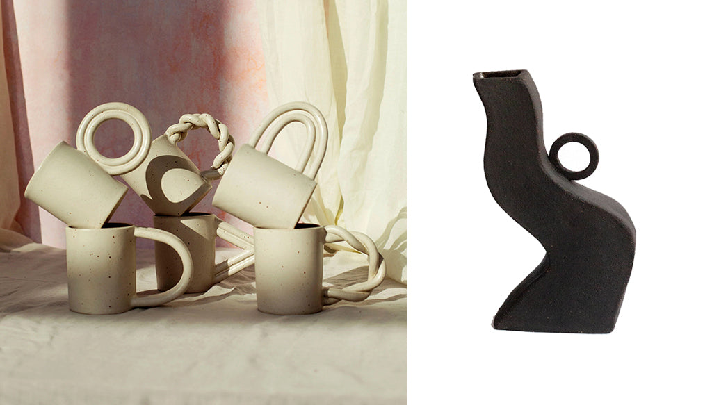 Miyelle Ceramics Neutral Beige Handmade Mugs with Black sculptural stoneware vase 