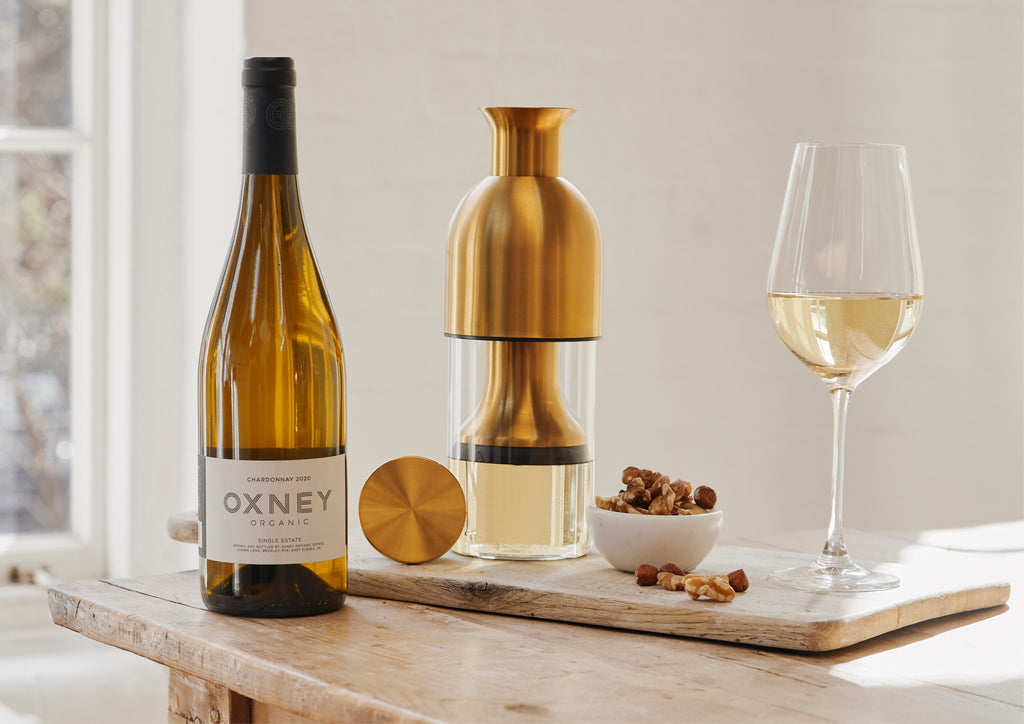 Oxney Organic Estate Chardonnay 2020 with eto wine decanter in Brass satin finish