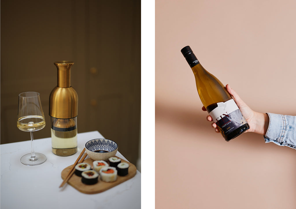 Japanese takeaway wine pairing with Brass satin eto wine decanter