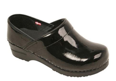 sanita black patent clogs