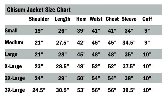 Wyoming Traders Chisum Jacket Size Chart