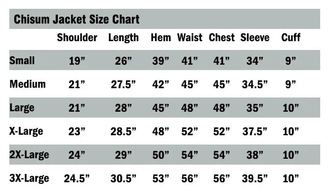 Wyoming Traders Chisum Jacket Size Chart
