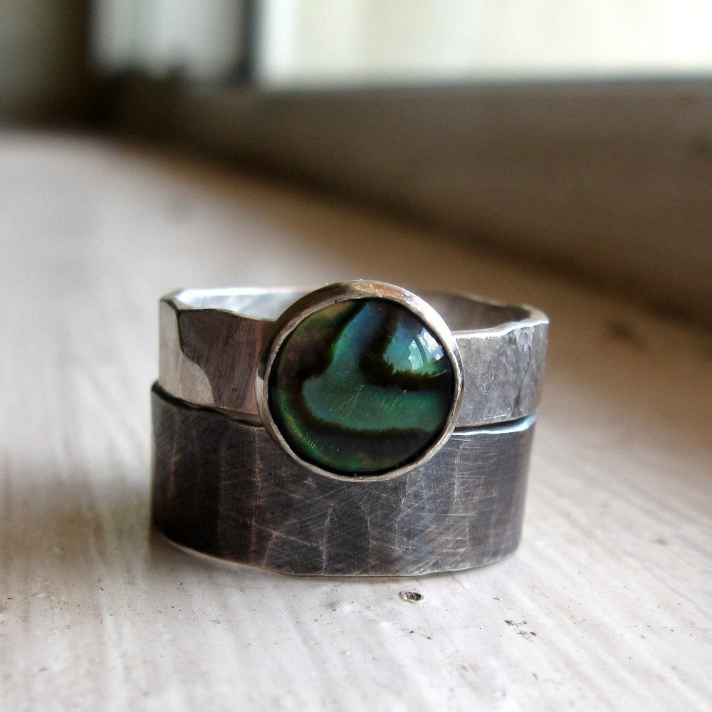 Rustic distressed sterling abalone rings - Unique Wedding Rings