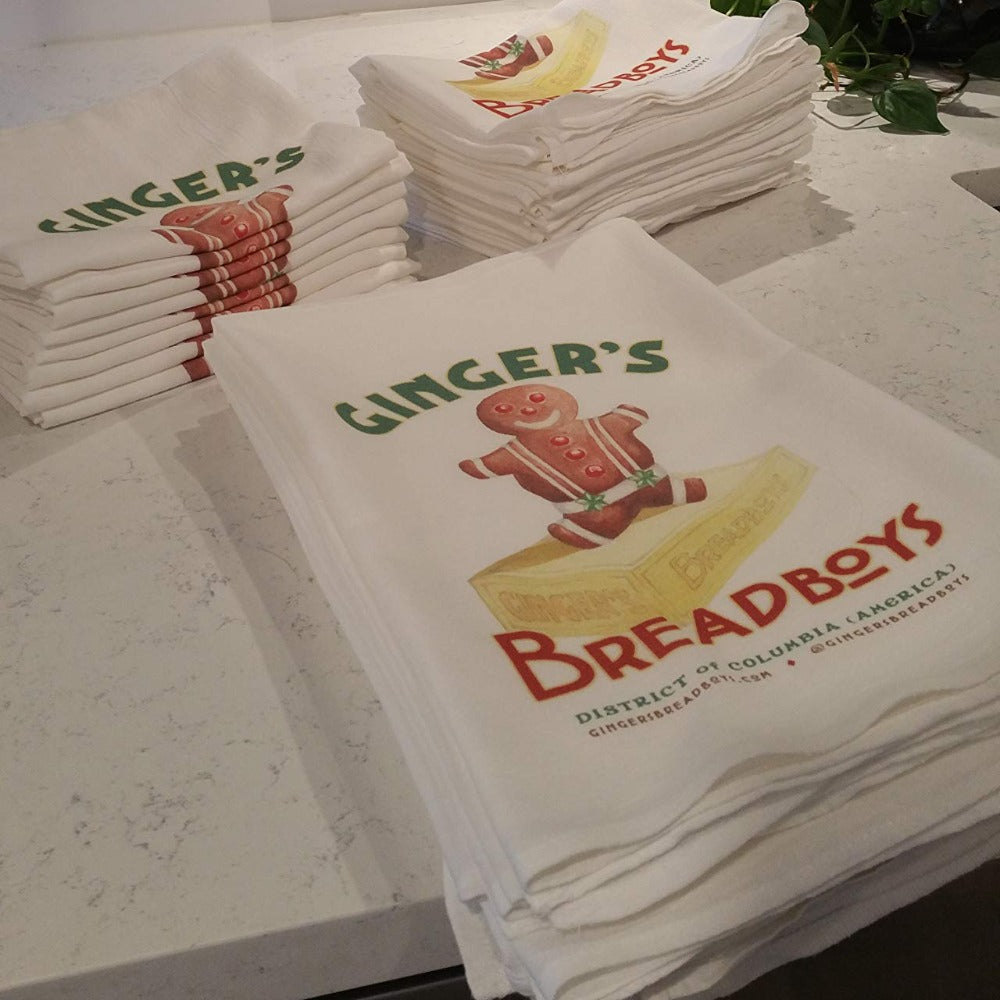 Ginger's Breadboys branded flour sack kitchen tea towels
