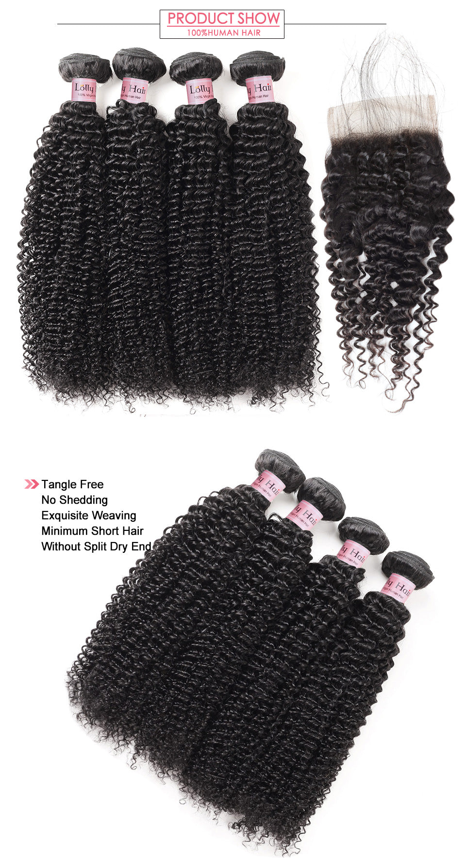 Lolly Malaysian Kinky Curly Hair 4 Bundles with Lace Closure