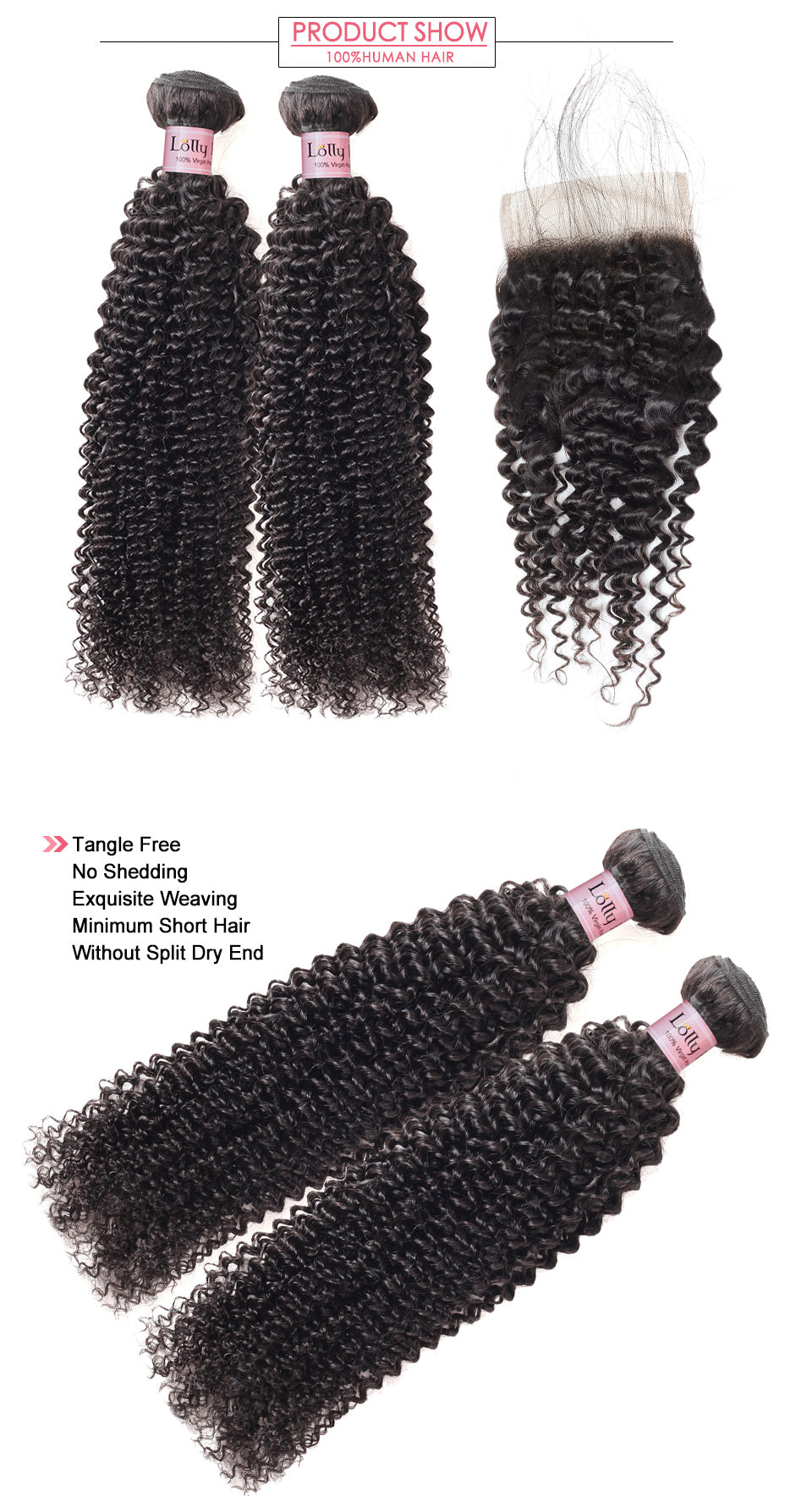 LOLLY Virgin Peruvian Kinky Curly Hair 2 Bundles with 4x4 Lace Closure