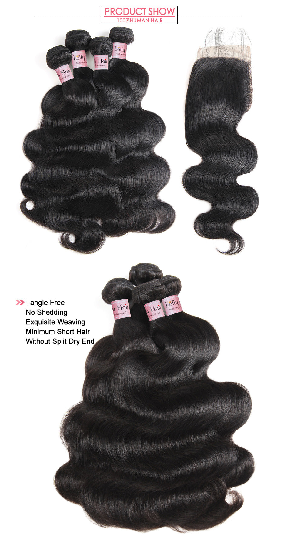 Malaysian Body Wave Human Hair 4 Bundles with Closure 9A Lolly Hair